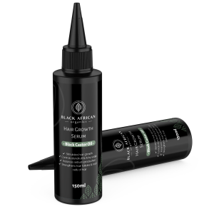 Black African Hair Growth Serum bottle with a black castor oil label, 150ml size.