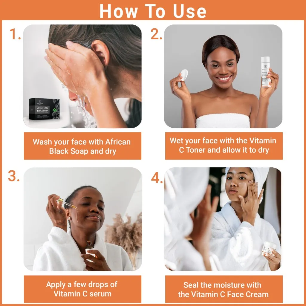 Simple steps of an organic skincare routine with African black soap