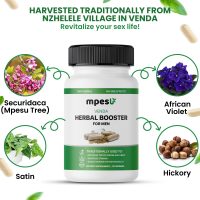 Bottle of Mpesu herbal booster supplement for men with various herbs displayed around it.