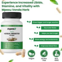 Bottle of Mpesi Venda Herbal Booster for Men with capsules beside it on a white background.