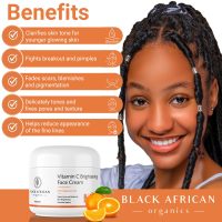 White jar of Vitamin C Brightening Face Cream with orange accents and a model with braided hair.