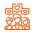 An orange icon featuring stylized people with hearts above their heads, representing ratings or feedback.