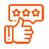 Orange thumbs up icon with three stars in a speech bubble, representing feedback or reviews.