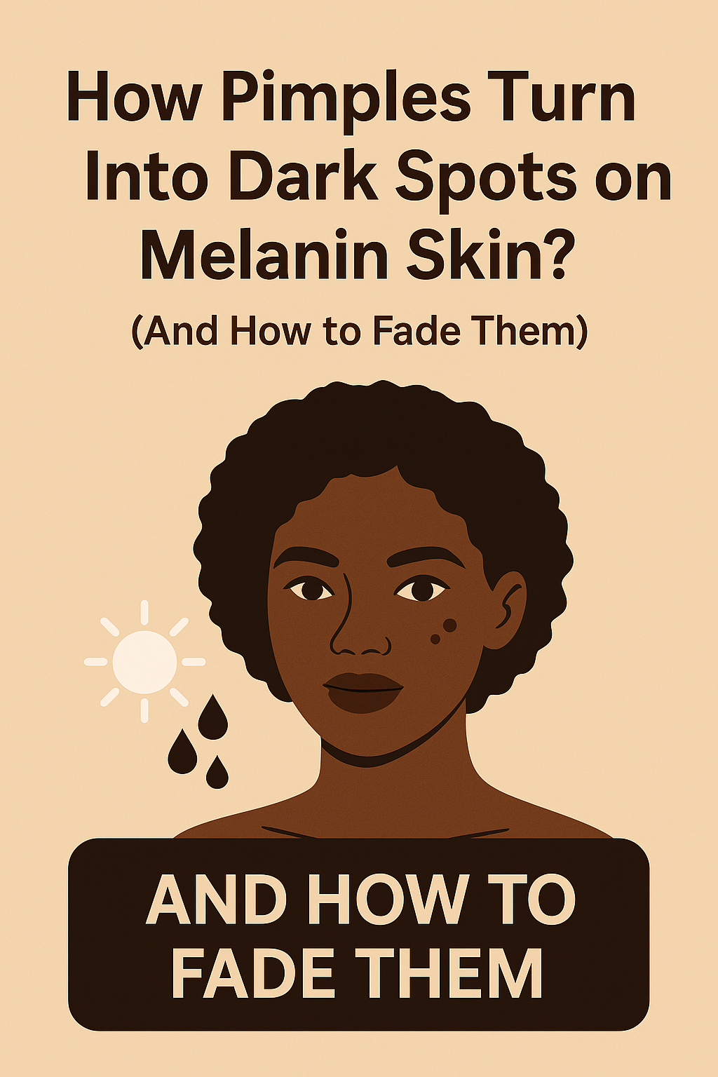 Illustrated infographic of a Black woman with dark spots on her face, explaining how pimples turn into dark marks on melanin-rich skin. Beige background with sun and droplet icons, and bold text reading ‘How Pimples Turn Into Dark Spots on Melanin Skin and How to Fade Them