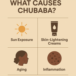 Infographic titled ‘What Causes Chubaba?’ showing four main causes of cheek pigmentation: sun exposure, skin-lightening creams, aging, and inflammation, illustrated with simple icons.